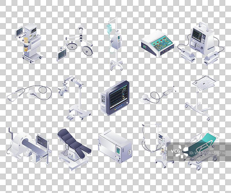 医疗技术中的设备和工具等距图图片素材