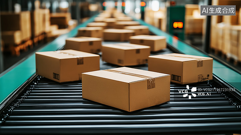 【AI数字艺术】纸箱在传送带上运输图片素材