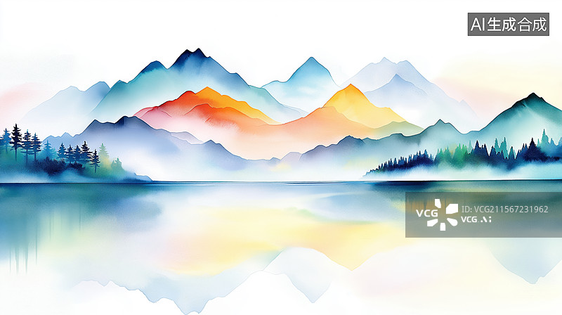 【AI数字艺术】水彩风格梦幻山湖风景插画图片素材