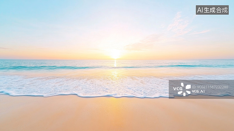 【AI数字艺术】海滩日出柔和光线图片素材