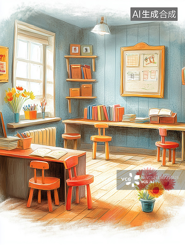 【AI数字艺术】教室一角彩笔插画图片素材