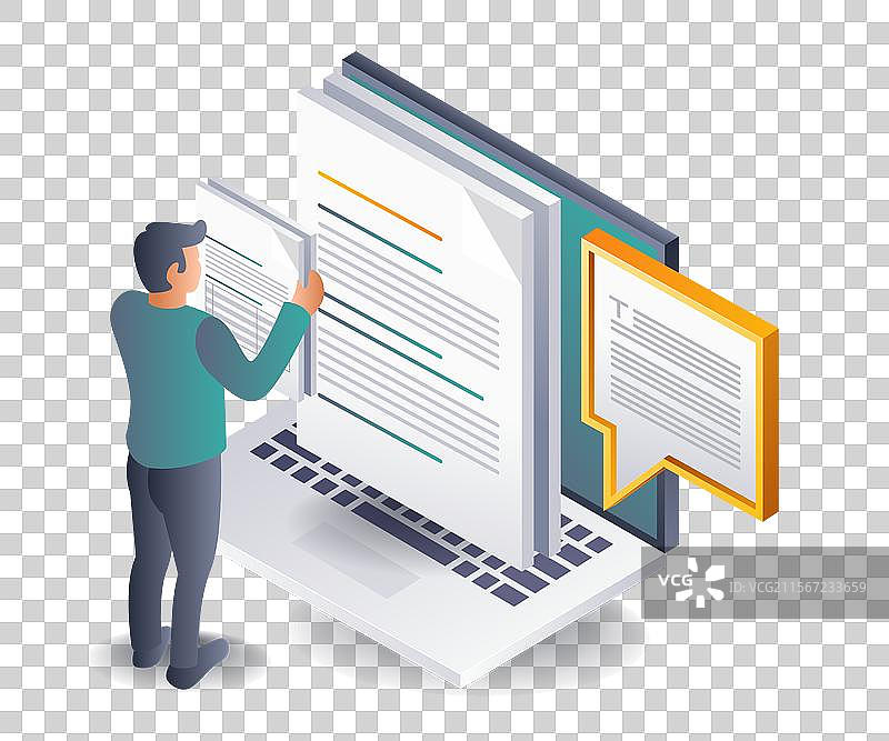 男性正在创建数字文本数据的等距图图片素材