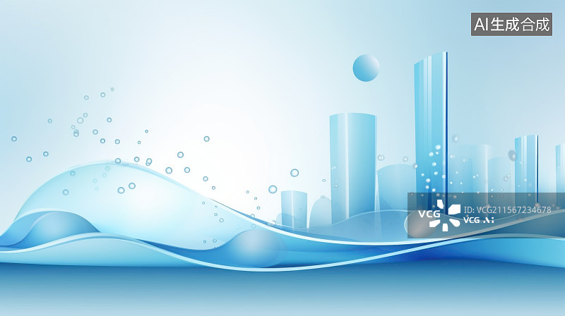 【AI数字艺术】淡蓝色商务透明水珠波浪玻璃柱状图背景图片素材