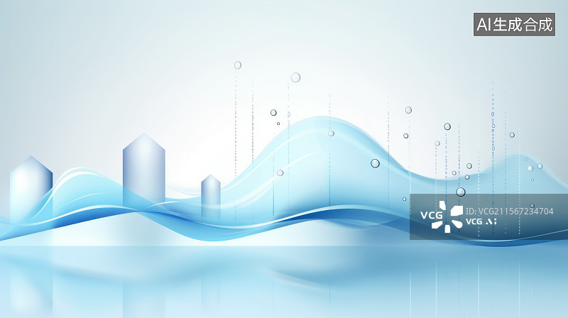 【AI数字艺术】淡蓝色商务透明水珠波浪玻璃柱状图背景图片素材