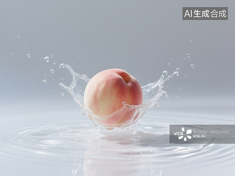 【AI数字艺术】水蜜桃掉入空中透明水中溅起水花画面图片素材