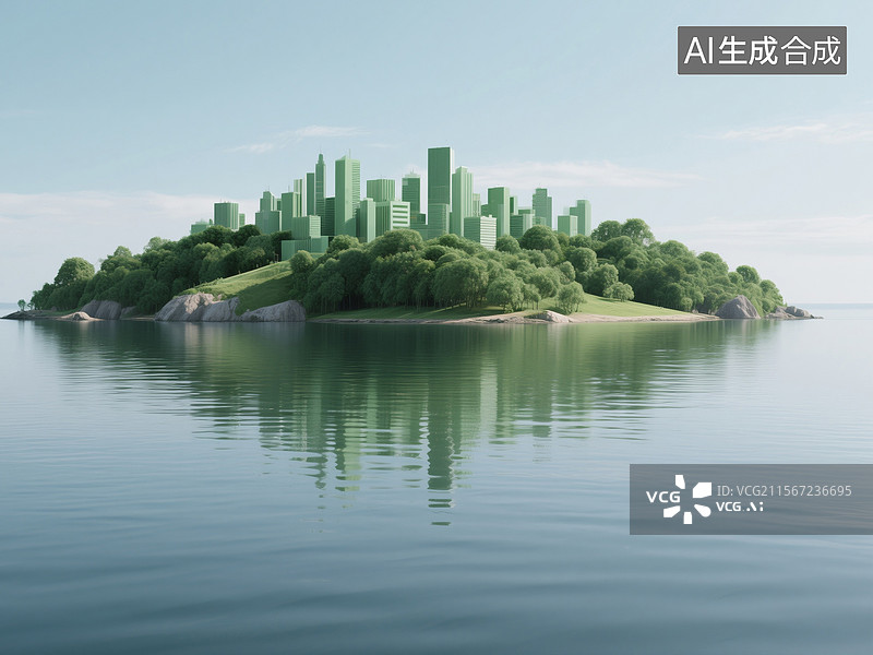 【AI数字艺术】平静水面上极简主义的卡通绿色城市岛屿图片素材