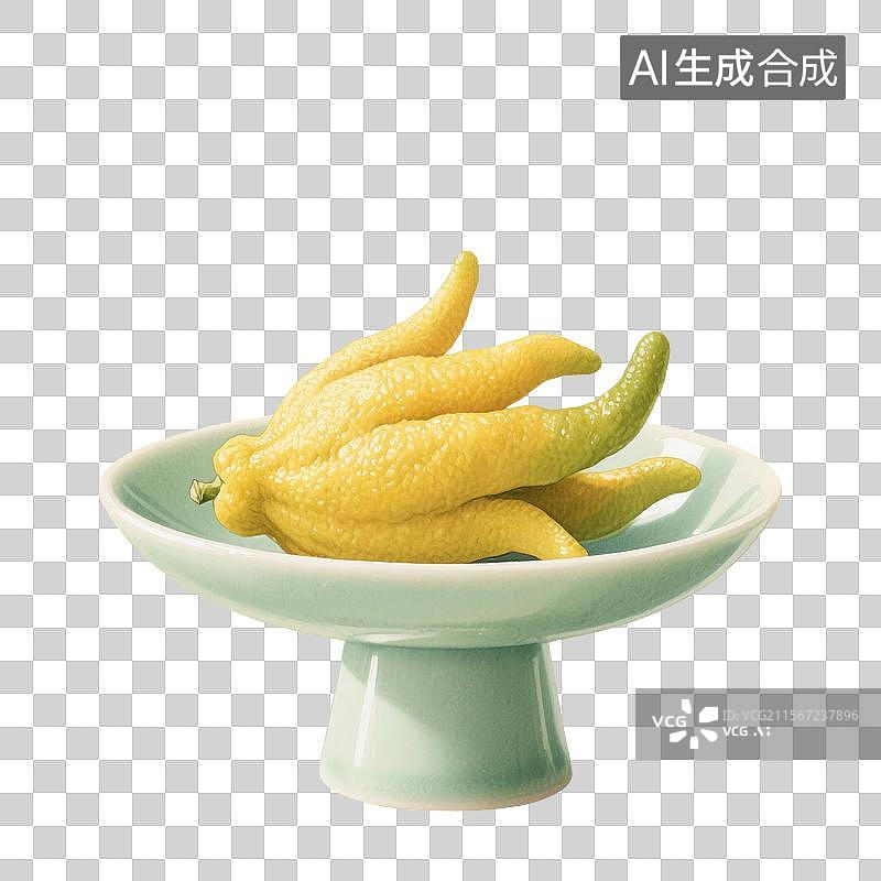 【AI数字艺术】国风手绘插画，青瓷盘子里的水果，佛手柑，佛手，香橼，文房清供，免抠元素图片素材
