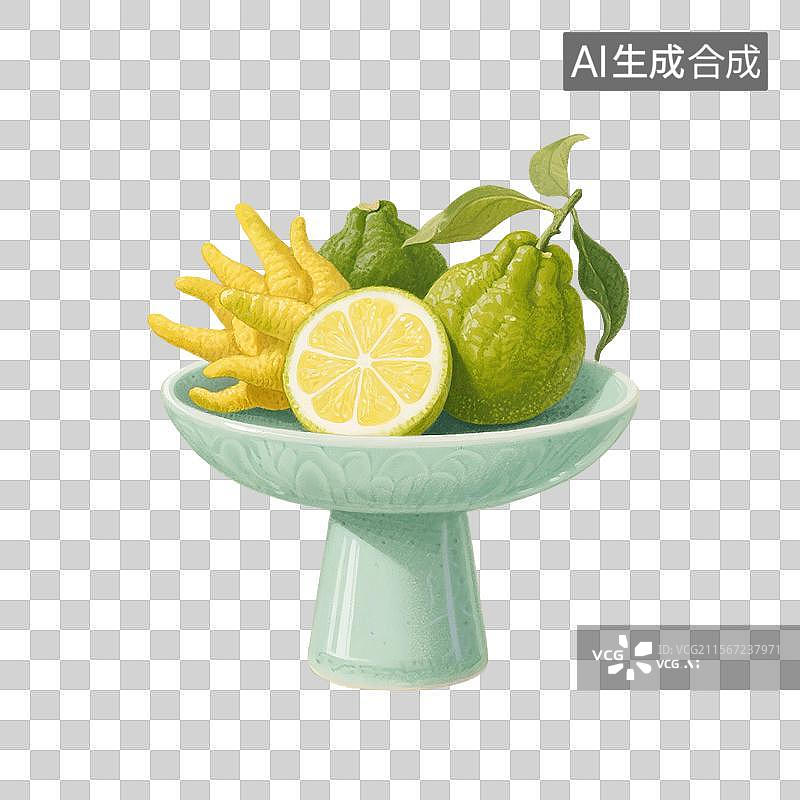 【AI数字艺术】国风手绘插画，青瓷盘子里的水果，佛手柑，佛手，香橼，文房清供，免抠元素图片素材