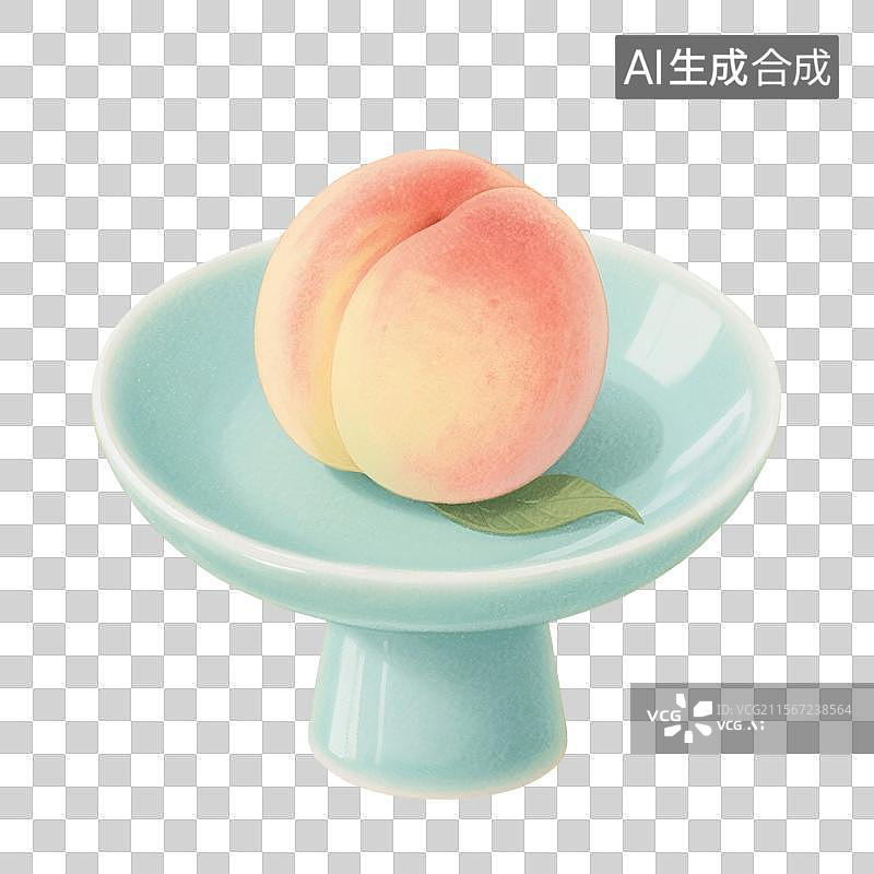 【AI数字艺术】国风手绘插画，青瓷盘子里的水果，桃子，水蜜桃，白桃，，夏天，免抠元素图片素材