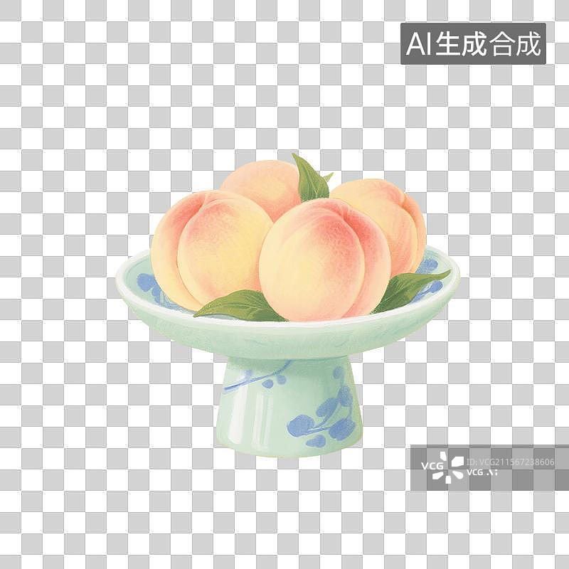 【AI数字艺术】国风手绘插画，青瓷盘子里的水果，桃子，水蜜桃，白桃，，夏天，免抠元素图片素材