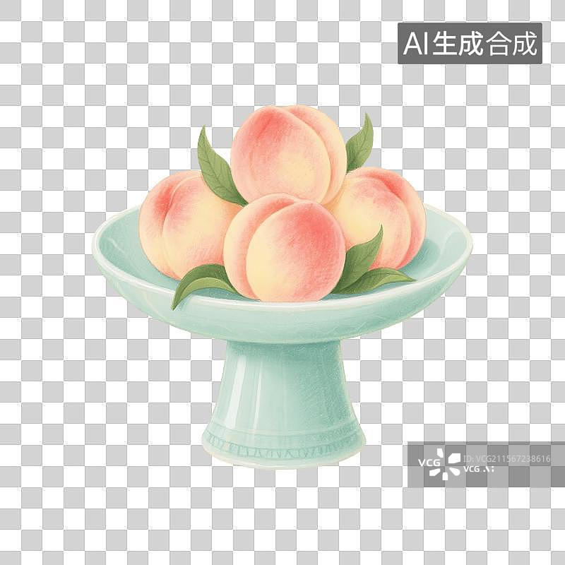 【AI数字艺术】国风手绘插画，青瓷盘子里的水果，桃子，水蜜桃，白桃，，夏天，免抠元素图片素材