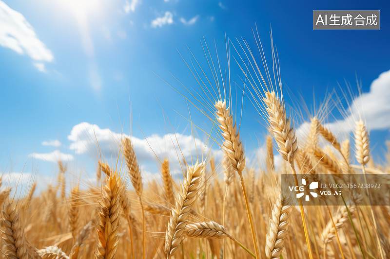 【AI数字艺术】蓝天白云映衬下的麦田里的金黄色小麦图片素材