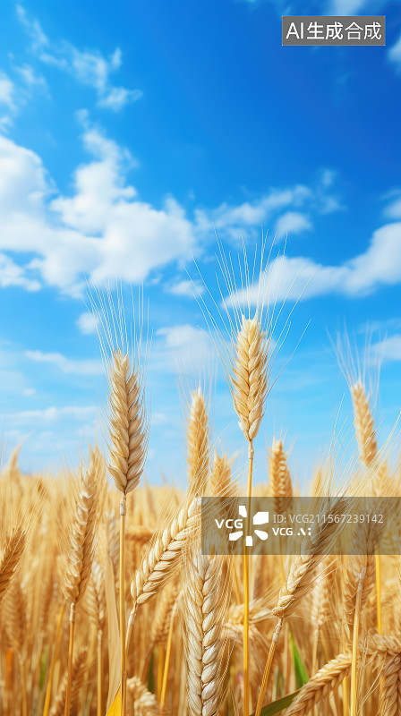 【AI数字艺术】蓝天白云映衬下的麦田里的金黄色小麦图片素材
