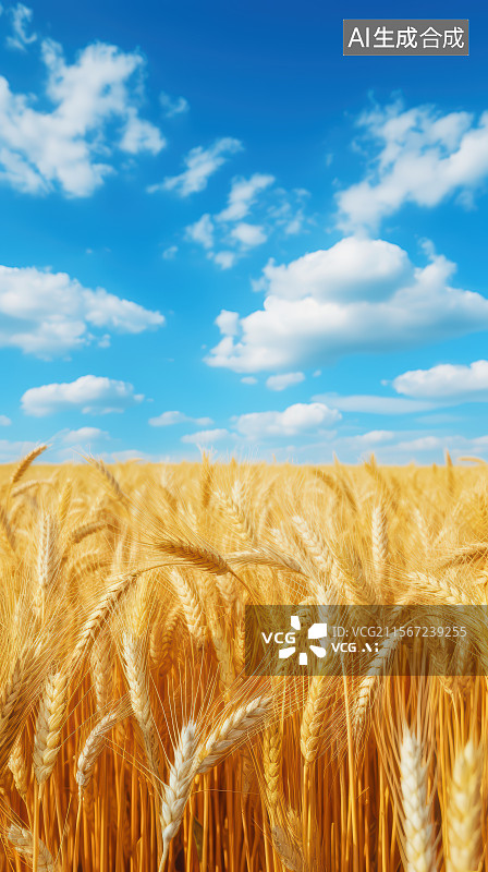 【AI数字艺术】蓝天白云映衬下的麦田里的金黄色小麦图片素材