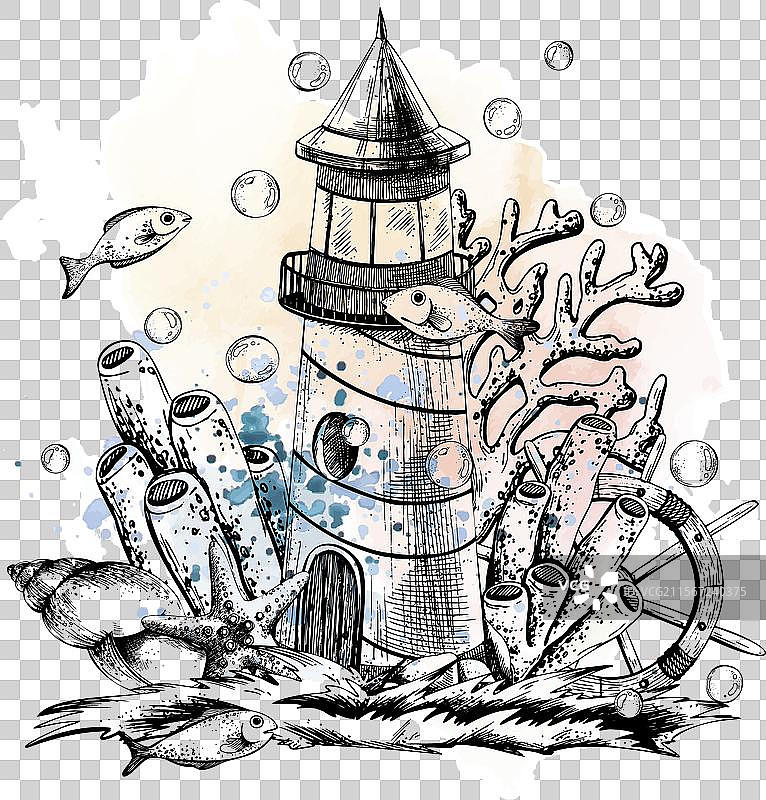 灯塔与珊瑚、藻类、舵和一条鱼图片素材