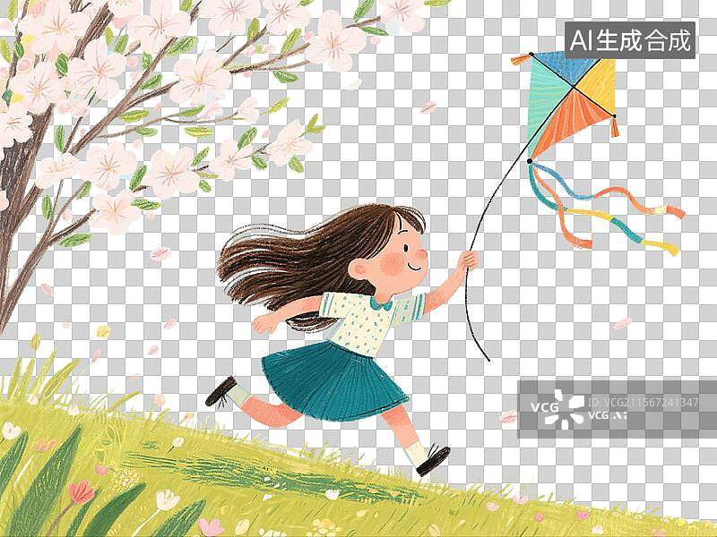 【AI数字艺术】治愈系手绘插画，放风筝的小女孩，免抠元素图片素材