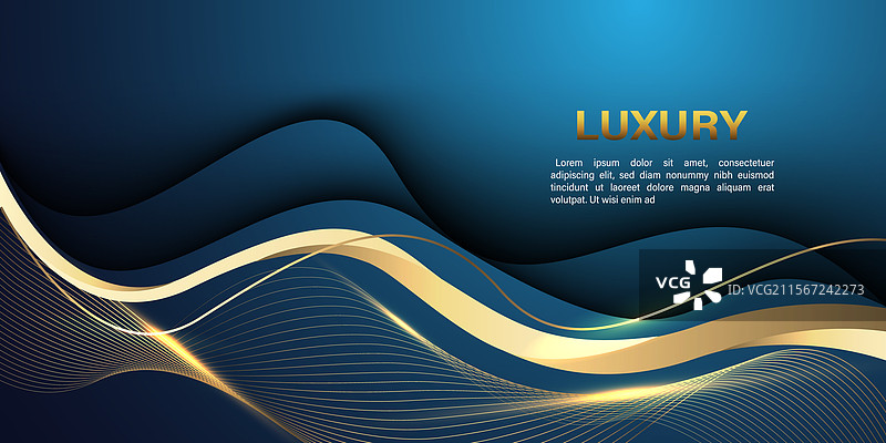 奢华蓝色背景上的抽象金色曲线波浪图片素材