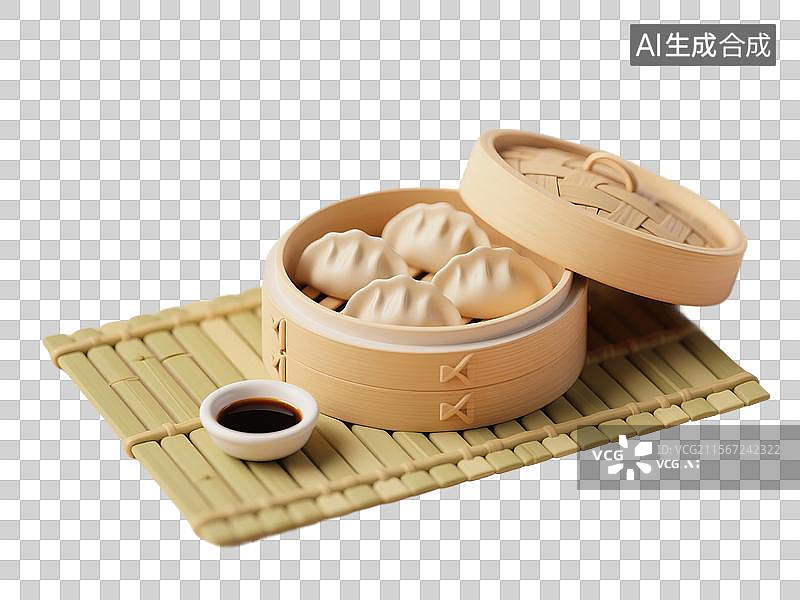 【AI数字艺术】3D渲染，蘸水，陈醋蘸料，广式早茶茶点虾饺皇，虾饺，蒸饺，蒸笼里的饺子，免抠元素图片素材