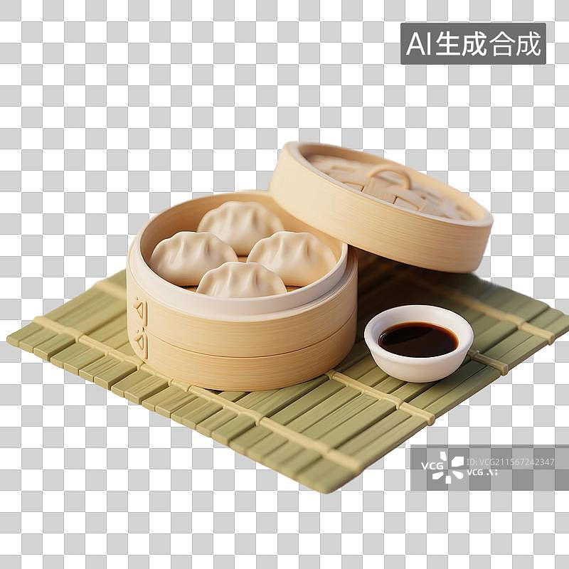 【AI数字艺术】3D渲染，蘸水，陈醋蘸料，广式早茶茶点虾饺皇，虾饺，蒸饺，蒸笼里的饺子，免抠元素图片素材