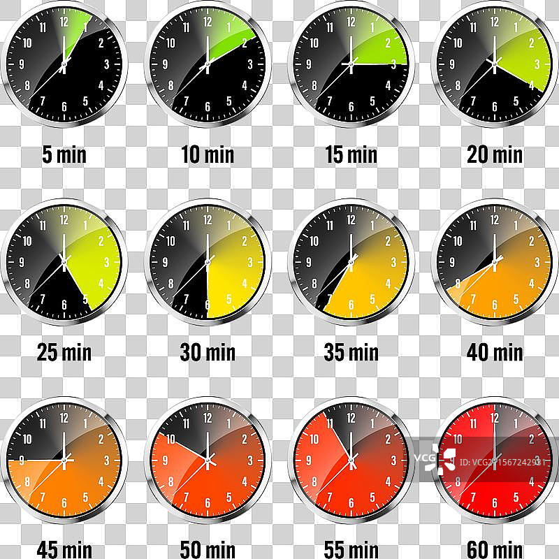 墙壁钟表和计时器图标，闪亮的金属质感图片素材
