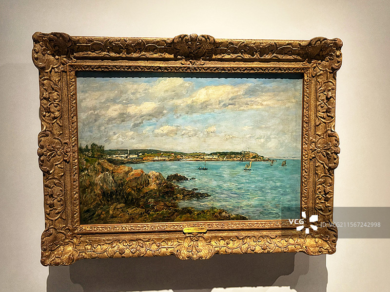 上海博物馆印象派特展（欧仁·布丹经典）—日本pola美术馆藏油画系列/蓝绿海岸·帆船与岩石—艺术研究图片素材