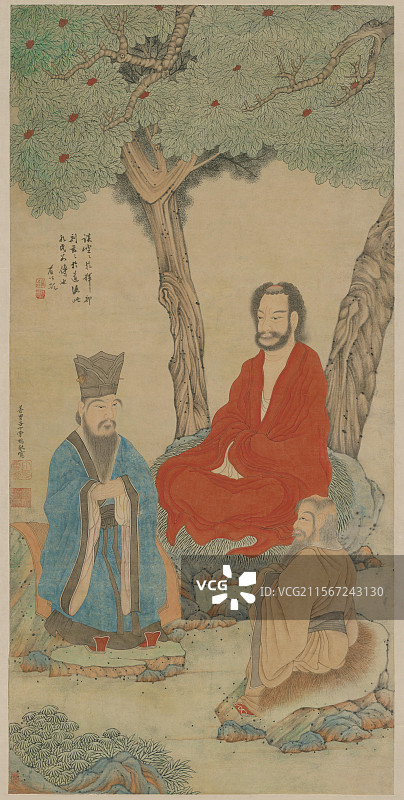 古代绘画艺术品.丁云鹏，三教图轴图片素材
