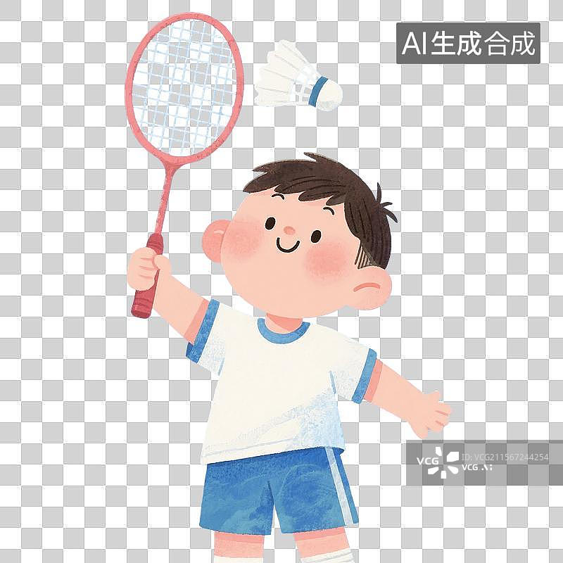 【AI数字艺术】治愈系手绘插画，卡通人物，打羽毛球的小男孩，免抠元素图片素材