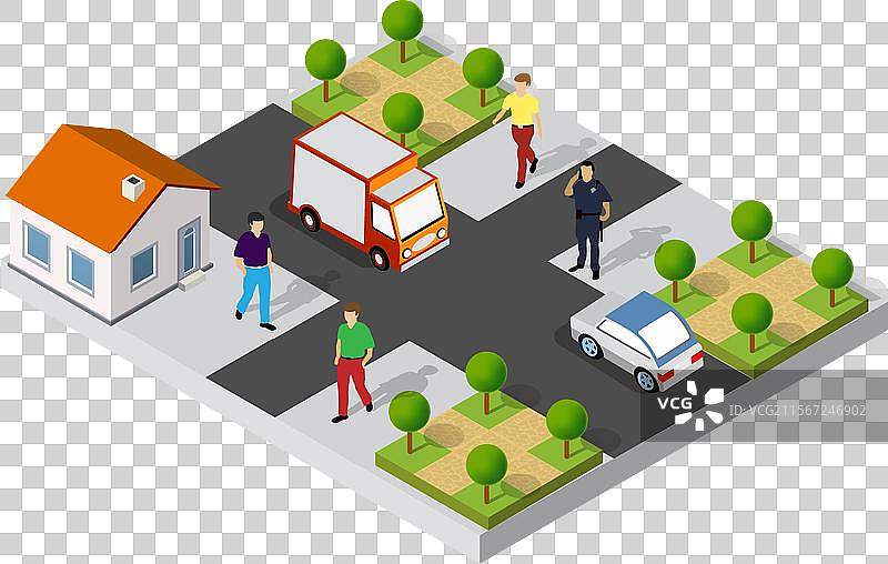 城市景观，行人走在靠近道路的警察旁边图片素材