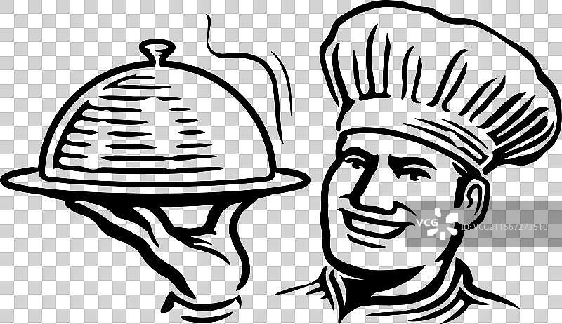 男厨师手持托盘和餐罩，餐厅或咖啡馆场景图片素材