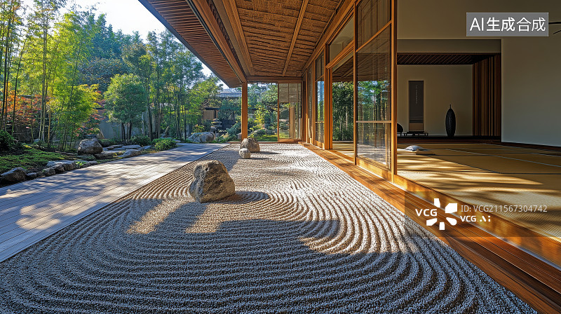 【AI数字艺术】日式禅宗花园与木质建筑图片素材