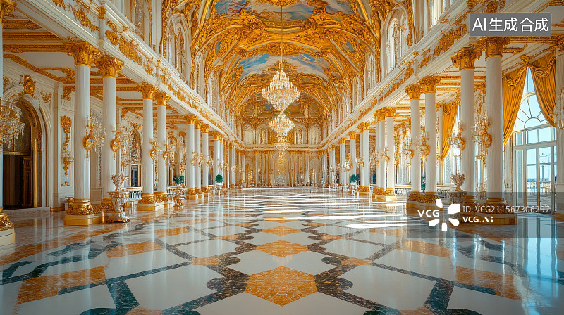 【AI数字艺术】豪华宫殿内的金色大厅图片素材