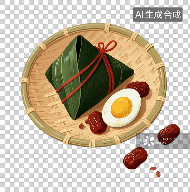 【AI数字艺术】一个竹盘粽子红枣枸杞咸鸭蛋图片素材