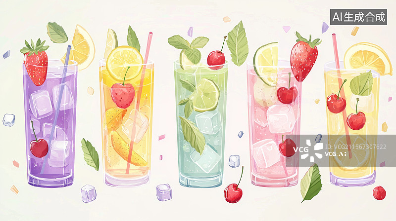 【AI数字艺术】多彩水果气泡饮品插画排列图图片素材