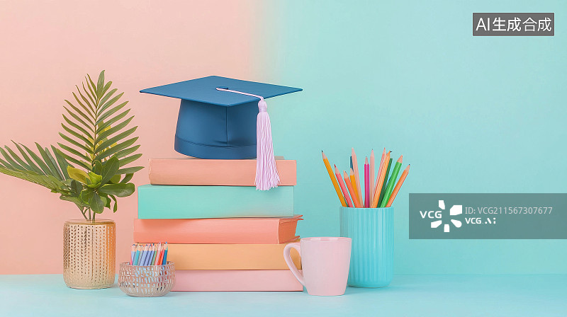 【AI数字艺术】毕业主题学习桌面文具摆设图图片素材