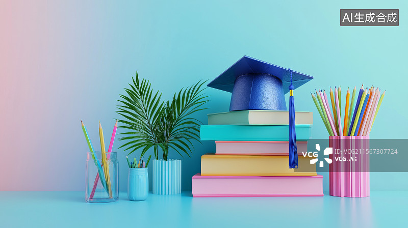 【AI数字艺术】毕业主题学习桌面文具摆设图图片素材