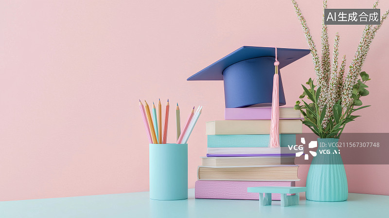 【AI数字艺术】毕业主题学习桌面文具摆设图图片素材