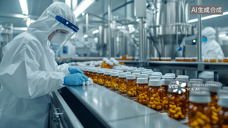 【AI数字艺术】药品生产车间内穿防护服工人检验玻璃瓶流水线图片素材