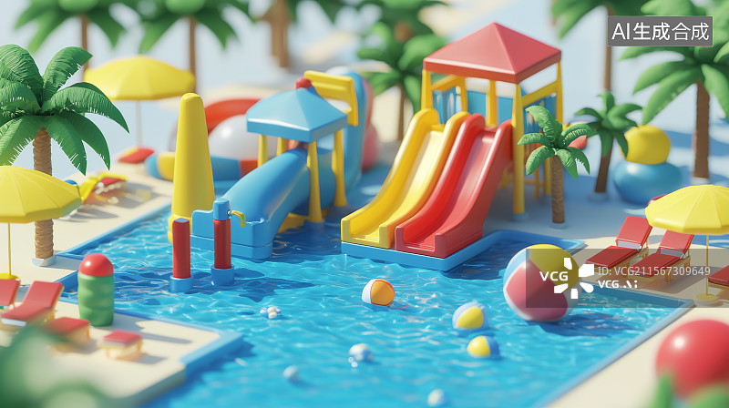 【AI数字艺术】热带风情的卡通风水上乐园场景图片素材