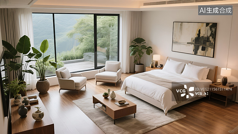 【AI数字艺术】现代民宿卧室样板间图片素材