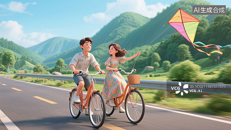【AI数字艺术】3D，情侣，骑自行车，放风筝，插画图片素材