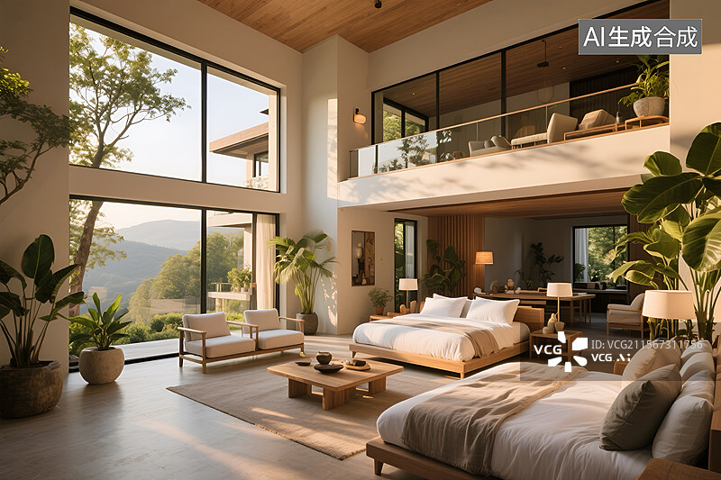 【AI数字艺术】现代民宿客厅样板间图片素材