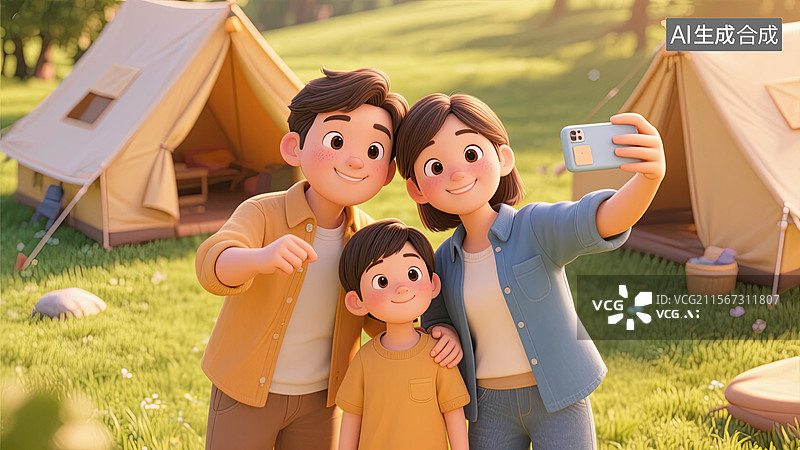 【AI数字艺术】春天，一家人，帐篷，自拍，出游图片素材