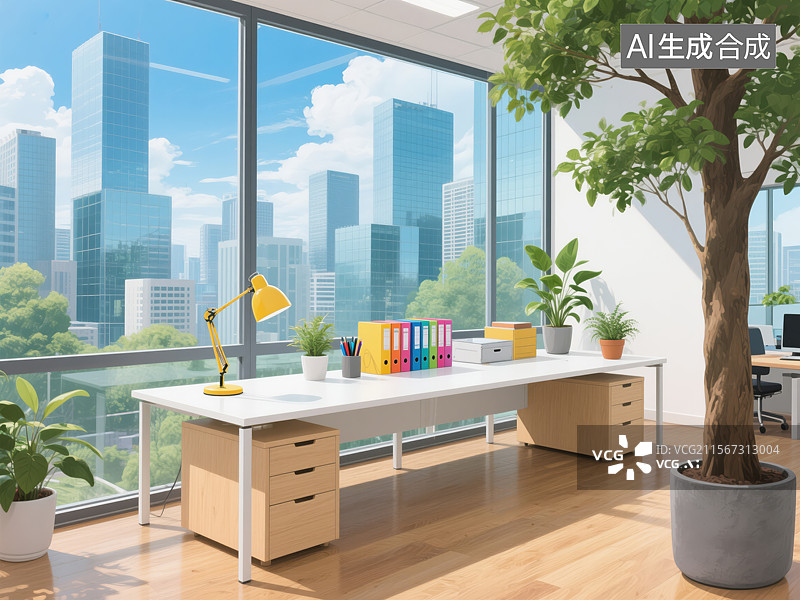 【AI数字艺术】阳光洒落的卡通风活力办公室图片素材