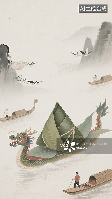 【AI数字艺术】端午节插画，海报背景，龙舟，粽子，划船图片素材