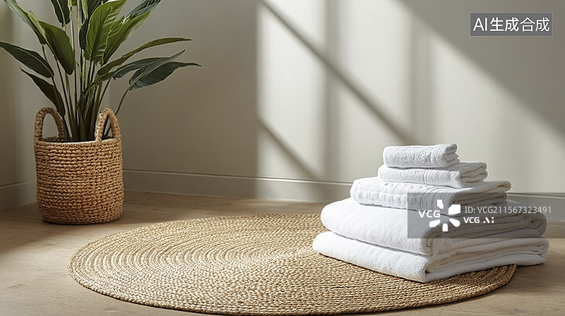 【AI数字艺术】现代家居中叠放的白色毛巾图片素材