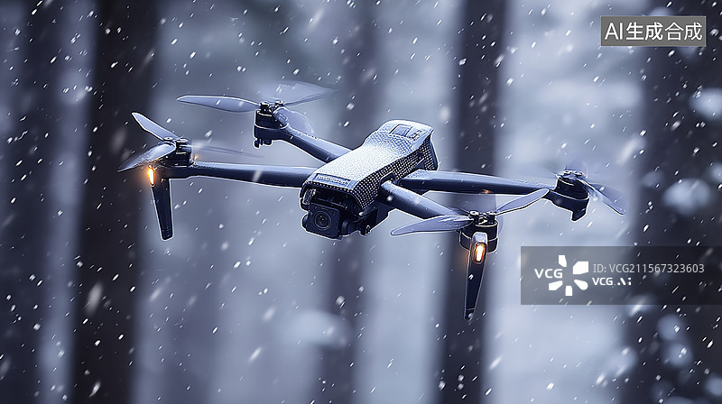 【AI数字艺术】冬季飞雪中的无人机图片素材