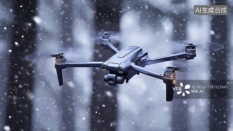 【AI数字艺术】冬季飞雪中的无人机图片素材