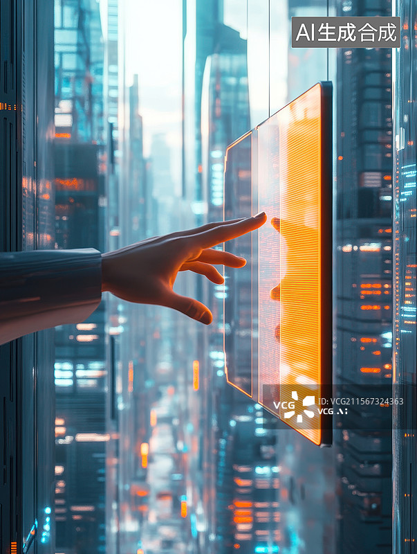 【AI数字艺术】手触碰未来科技屏幕图片素材