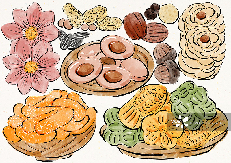 水墨风七夕美食插画图片素材