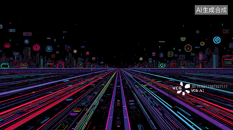 【AI数字艺术】霓虹光线未来感城市景象图片素材